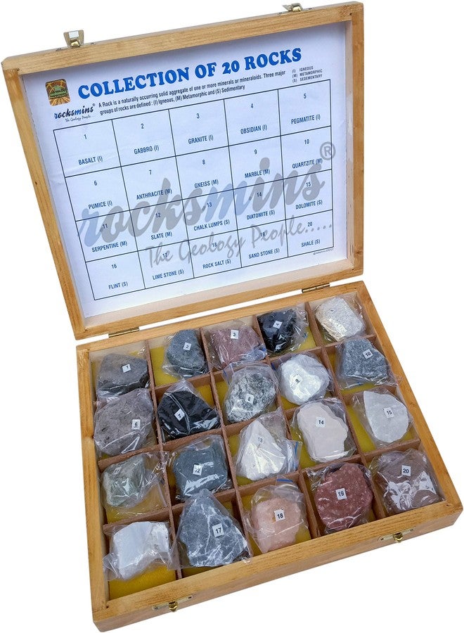 روكسمينز مجموعة روكسمنز RO20WB، 20 صخرة في صندوق خشبي متين. مجموعة من 20 عينة صخرية كبيرة الحجم، تشمل الصخور النارية والرسوبية والمتحولة. مجموعة ألعاب علمية جيولوجية مثالية لعلم المعادن وعلم الصخور. - Image 1